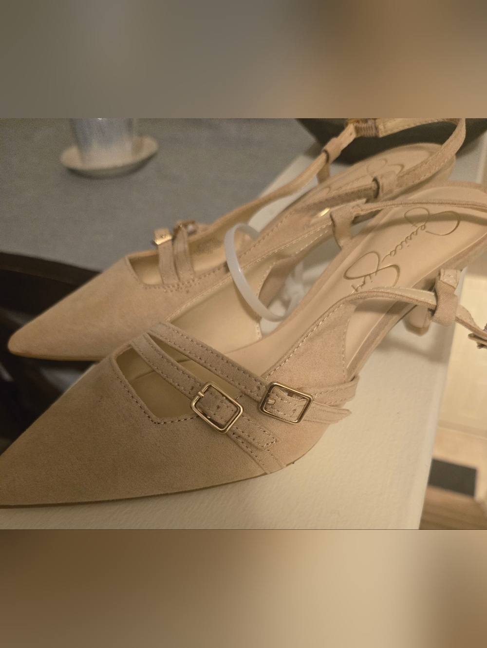 Jessica Simpson Tan Pointed-Toe Double-Buckle Slingback Pumps